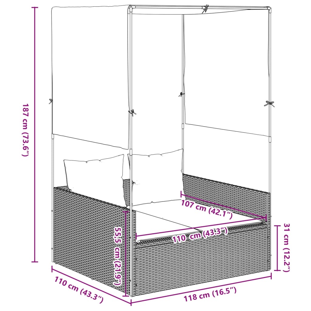 Bain de soleil double avec toit et rideaux en polyrotin marron