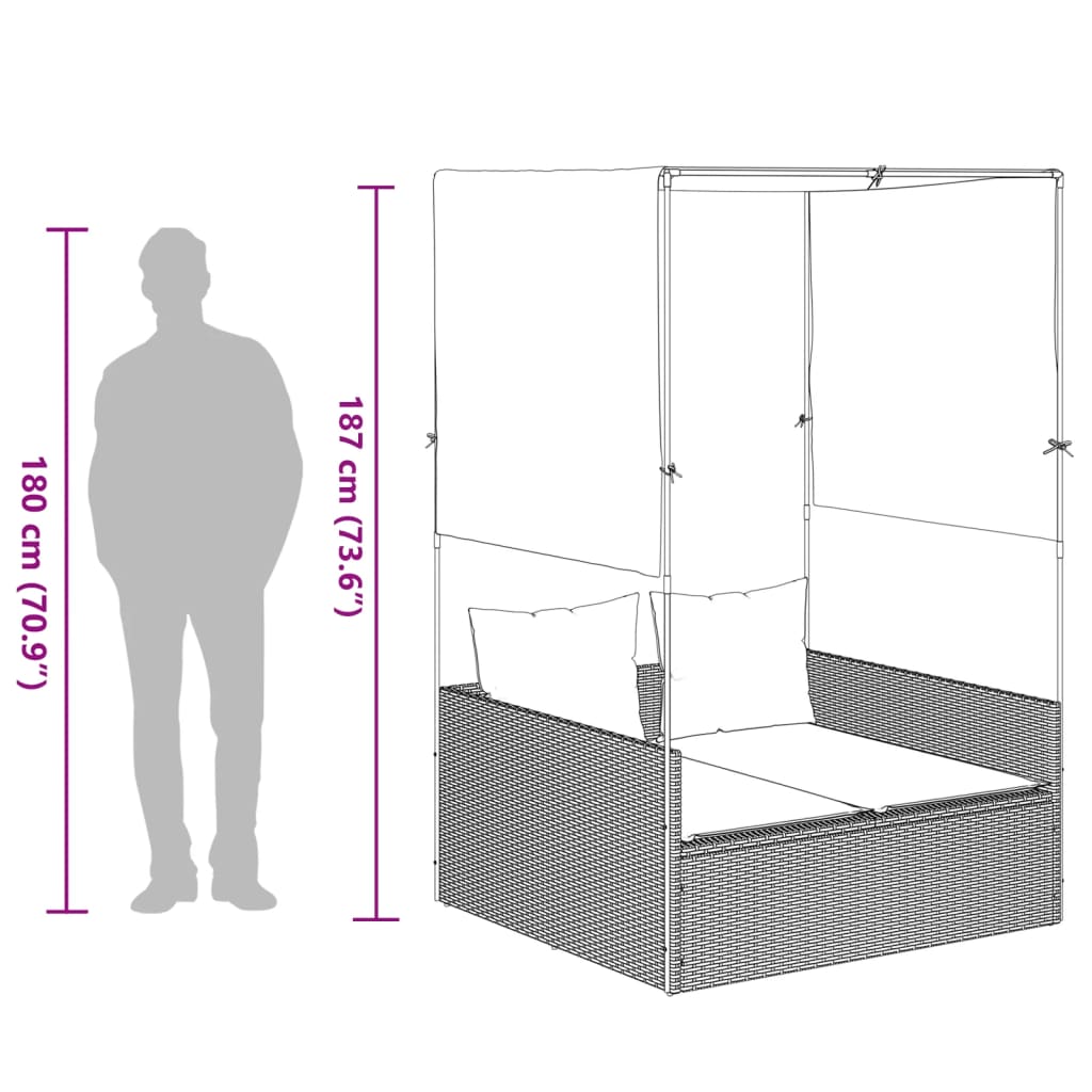 Doppel-Sonnenliege mit Dach und Vorhängen Braun Poly Rattan