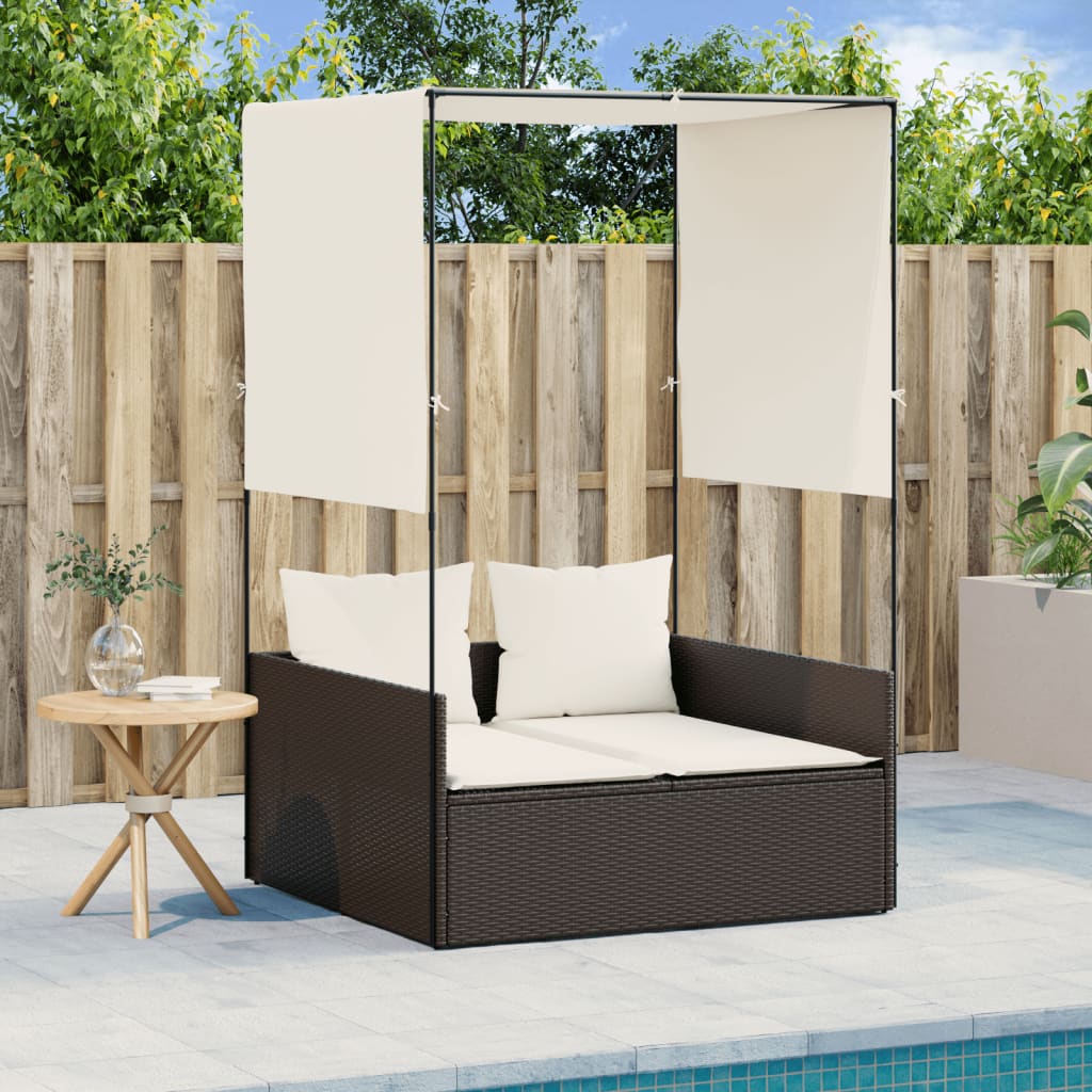 Bain de soleil double avec toit et rideaux en polyrotin marron