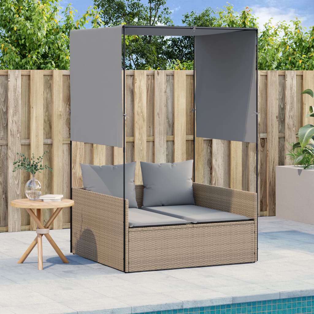 Bain de soleil double avec toit et rideaux en polyrotin beige