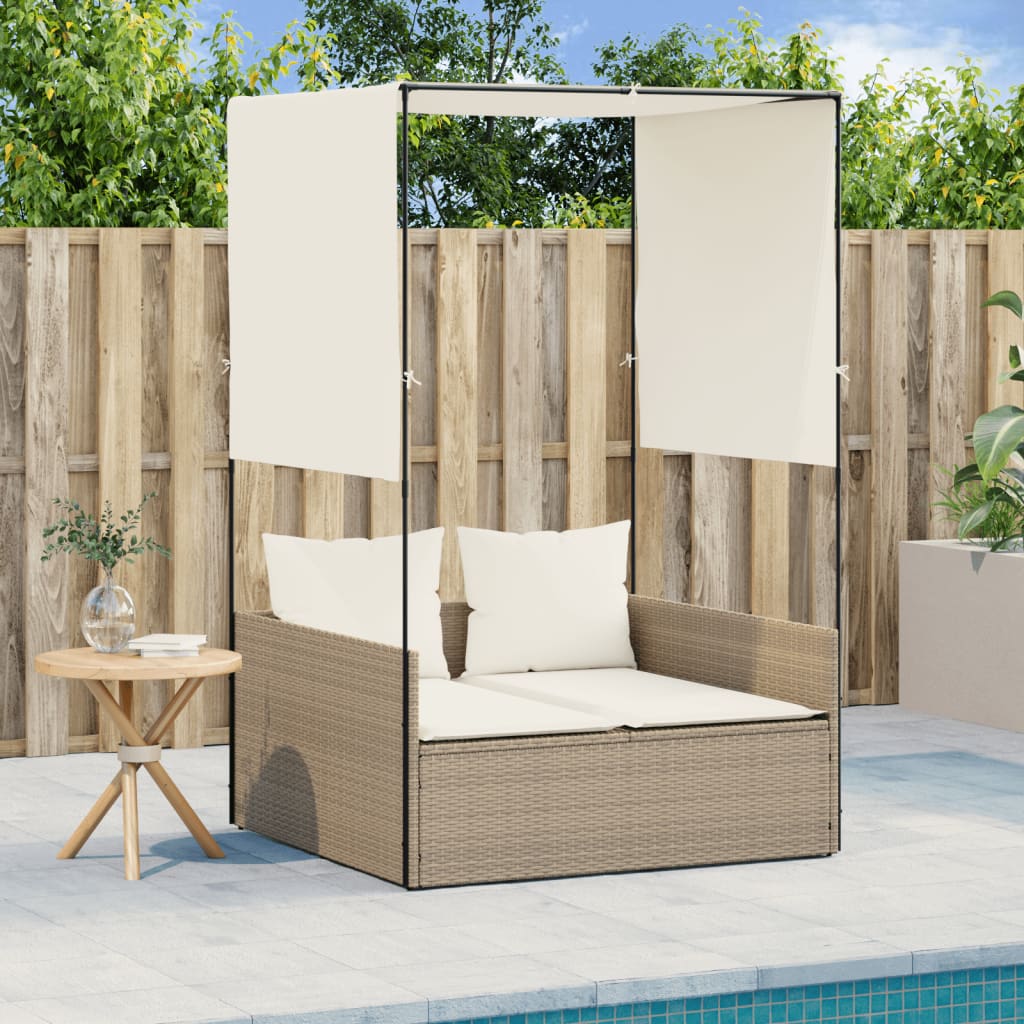 Bain de soleil double avec toit et rideaux en polyrotin beige