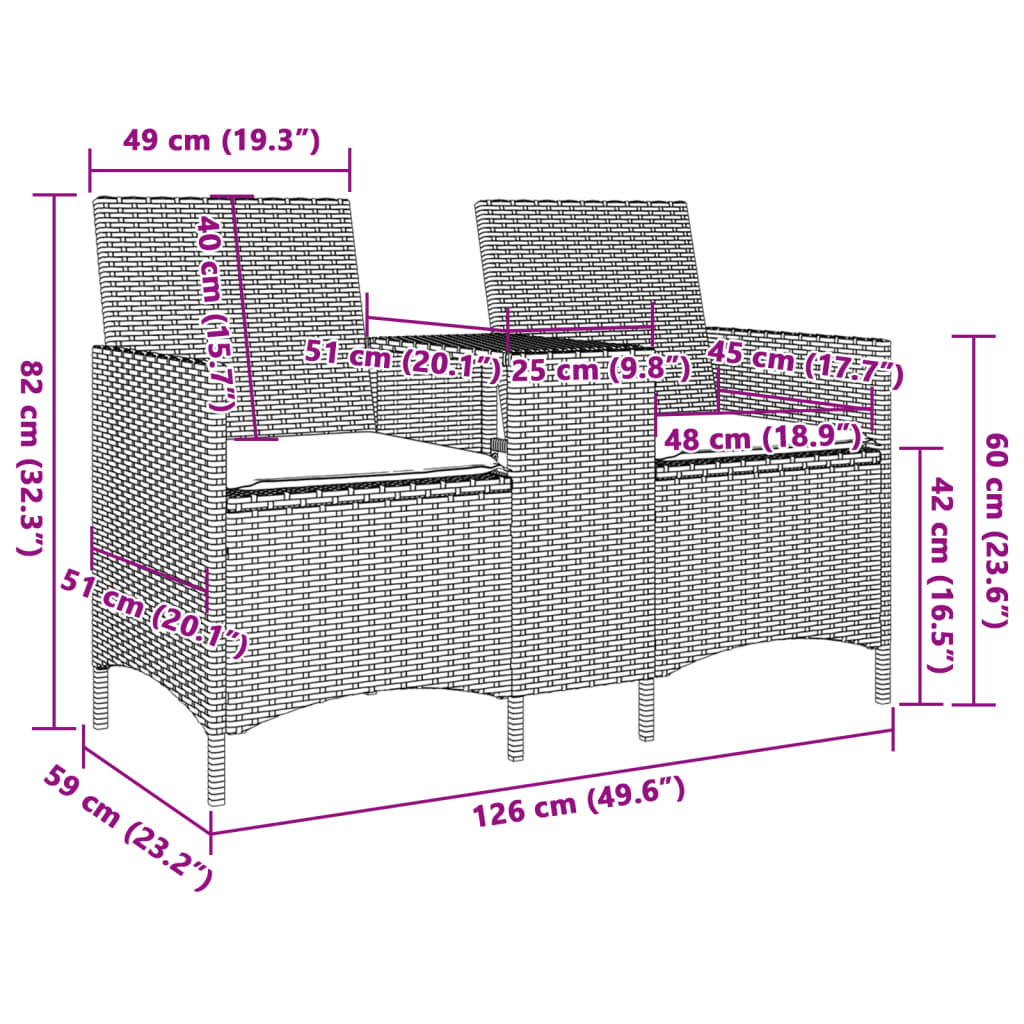 Canapé de jardin 2 places avec table et coussins en polyrotin gris