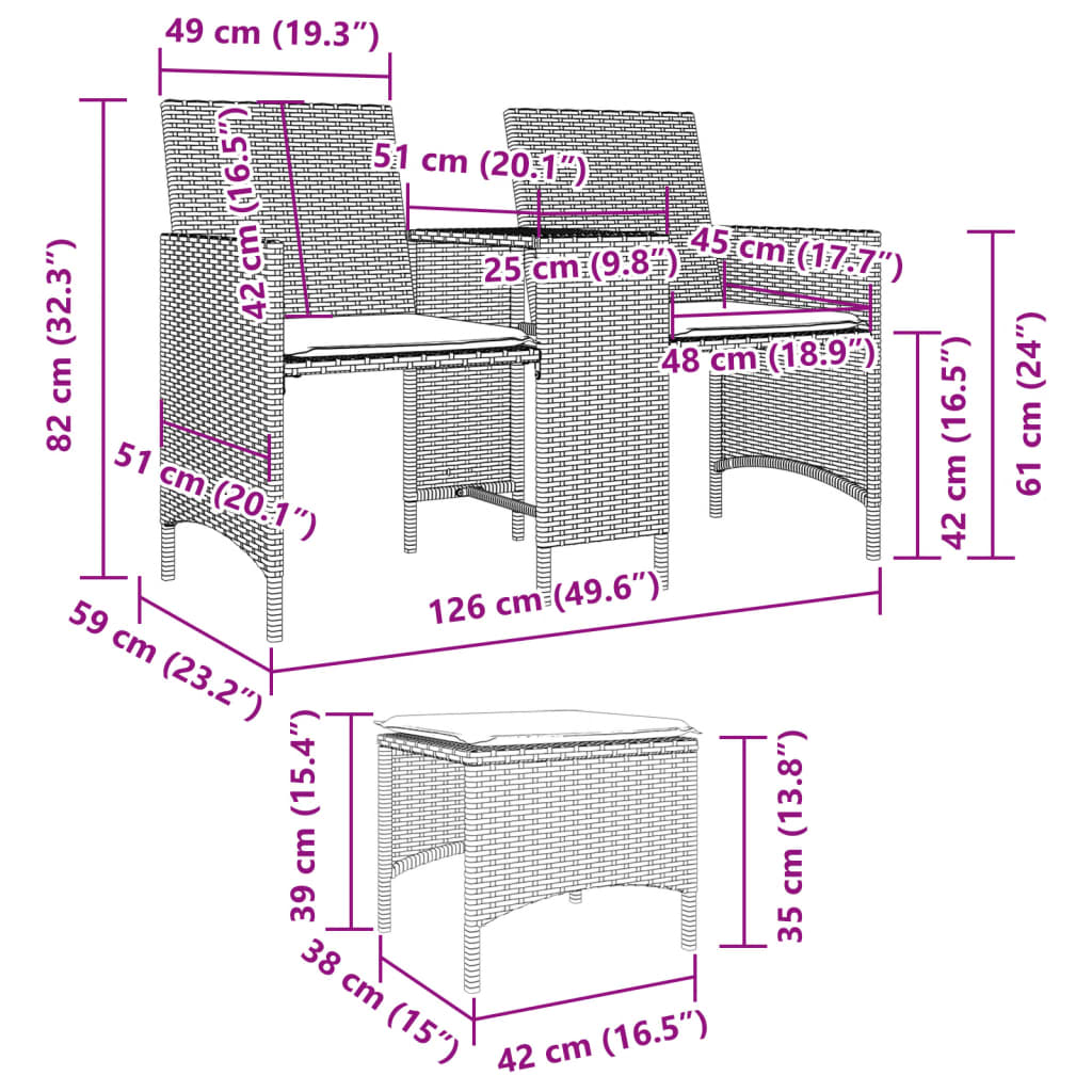 Gartensofa 2-Sitzer mit Tisch und Hockern Schwarz Poly Rattan