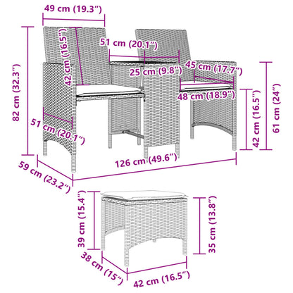 Gartensofa 2-Sitzer mit Tisch und Hockern Schwarz Poly Rattan