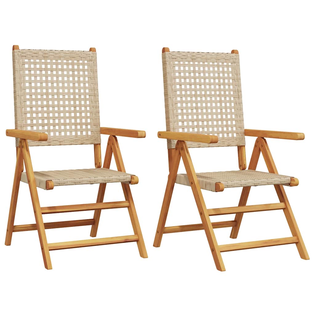 Klappstühle, 2 Stück, beige, Massivholz Akazie und Polyrattan