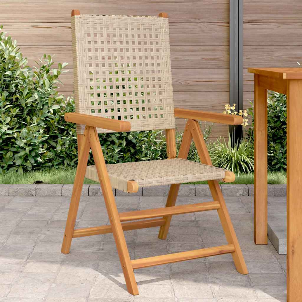 Klappstühle, 2 Stück, beige, Massivholz Akazie und Polyrattan