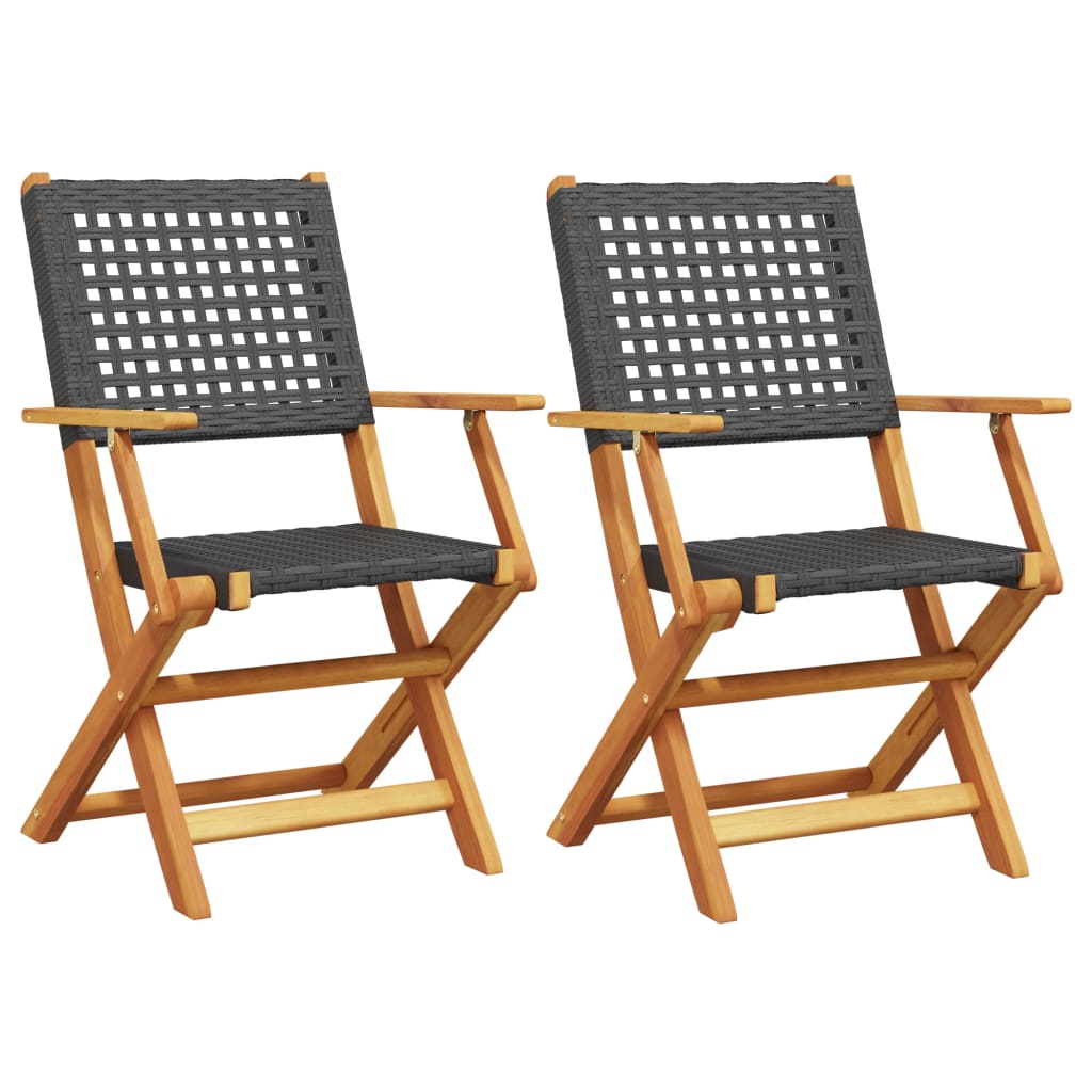 Klappstühle, 2 Stück, schwarz, Massivholz Akazie und Polyrattan