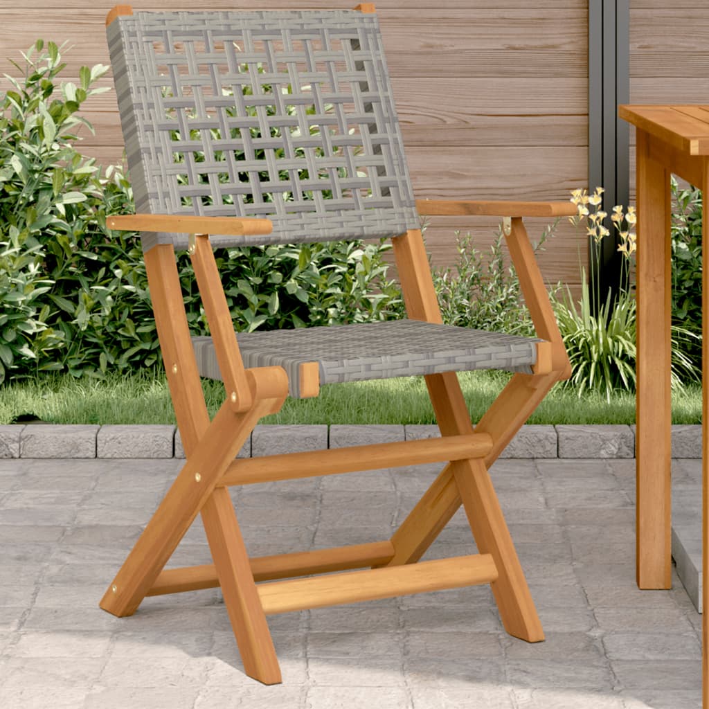 Klappstühle, 2 Stück, grau, Massivholz Akazie und Polyrattan