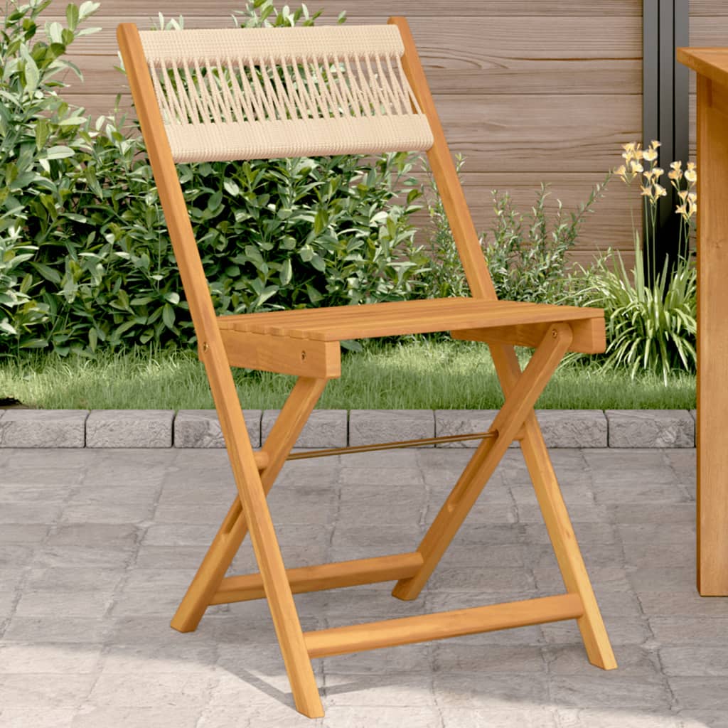 Klappstühle, 2 Stück, beige, massives Akazienholz und Seil