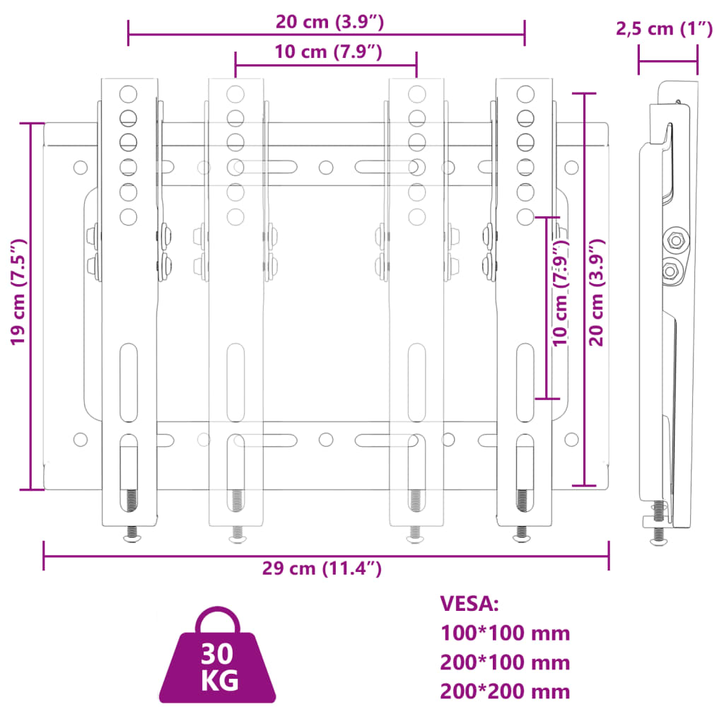 Support mural TV écrans 14-42 pouces Max VESA 200x200mm 30kg