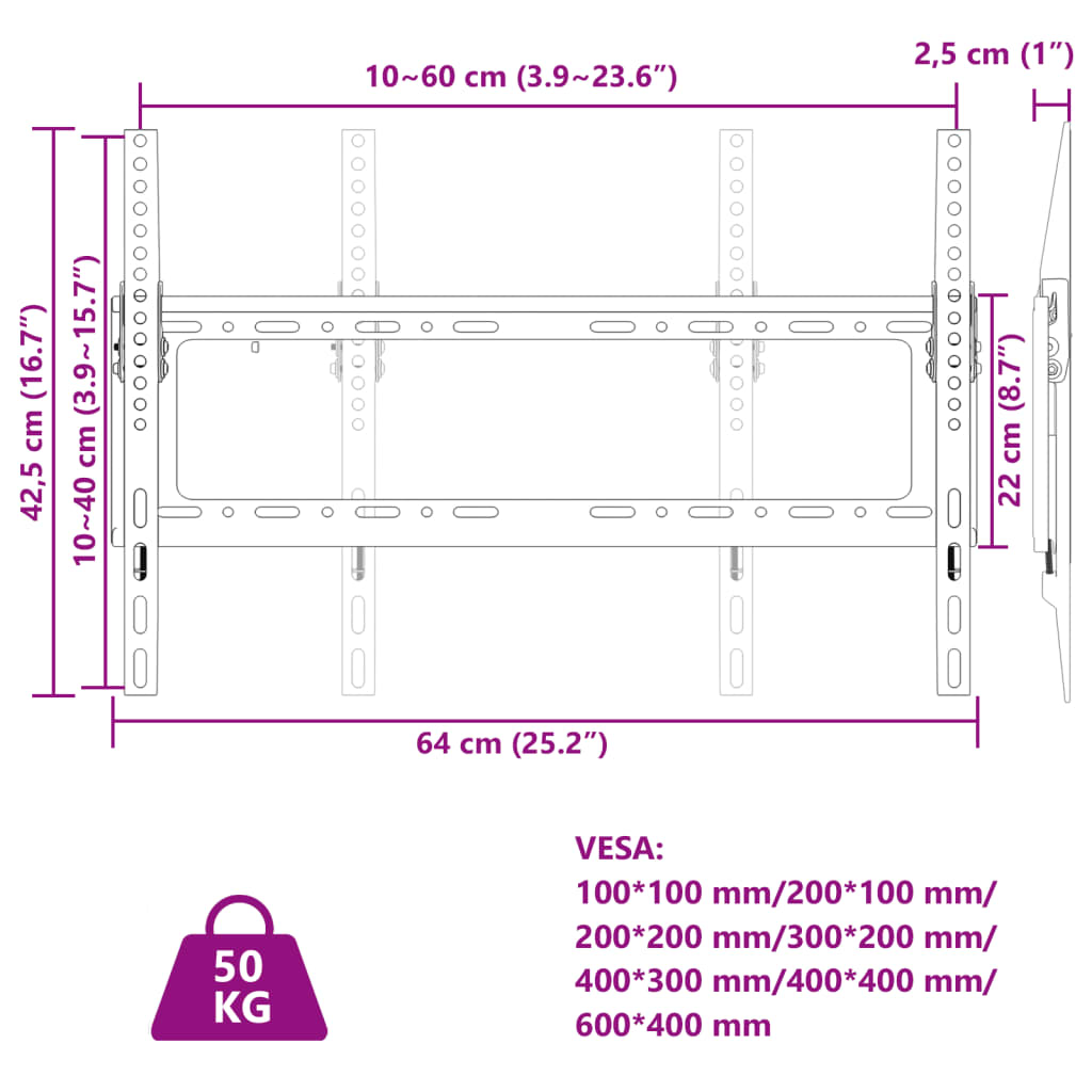 Support mural TV écran 26-63 pouces Max VESA 600x400 mm 50kg