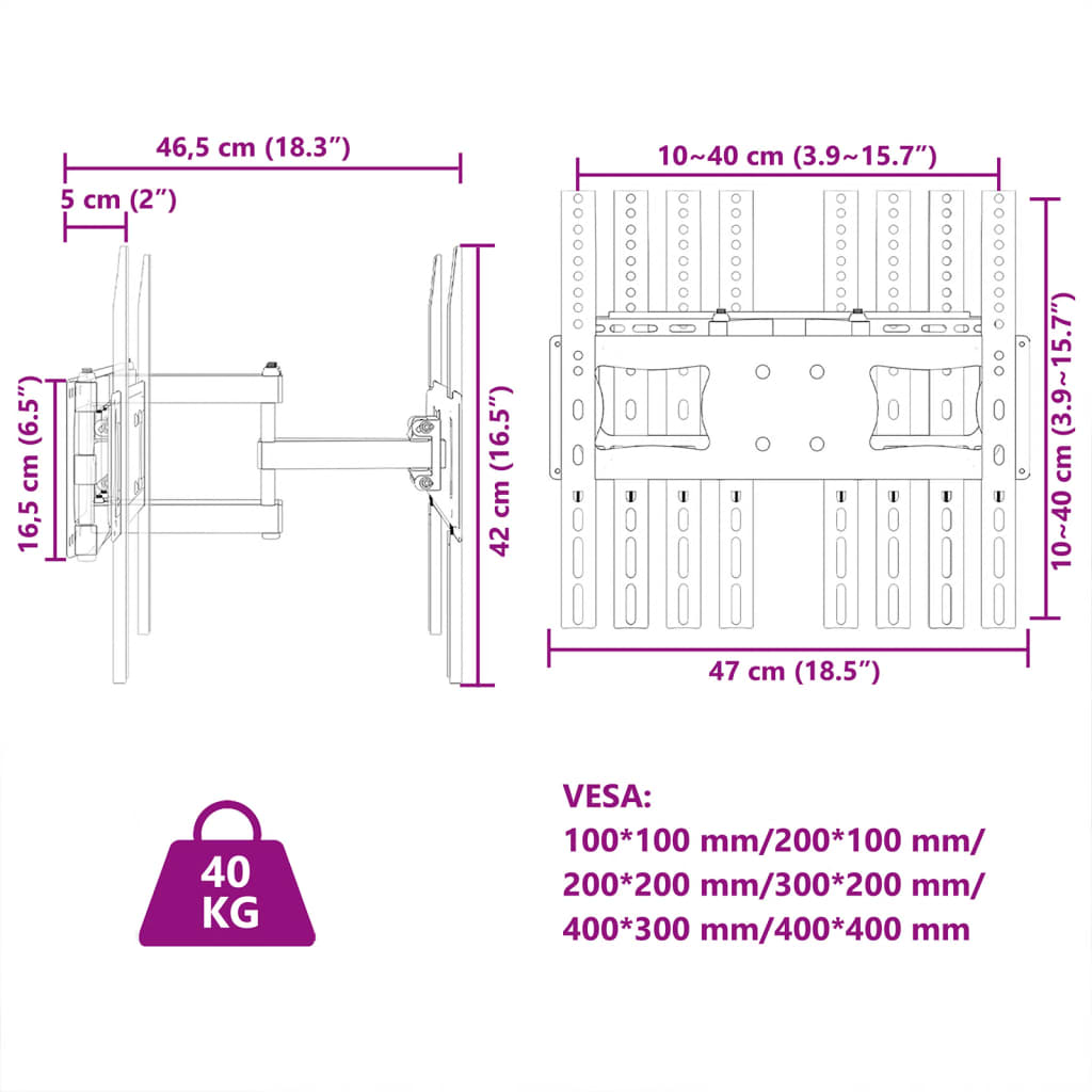 Support mural TV écran 26-70 pouces Max VESA 400x400 mm 40kg