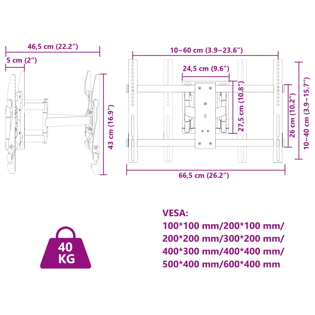 Support mural TV écran 37-80 pouces Max VESA 600x400 mm 40kg