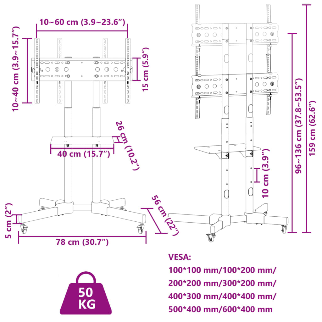 Roues pour support TV écran 32-70 pouces Max VESA 600x400mm 50kg