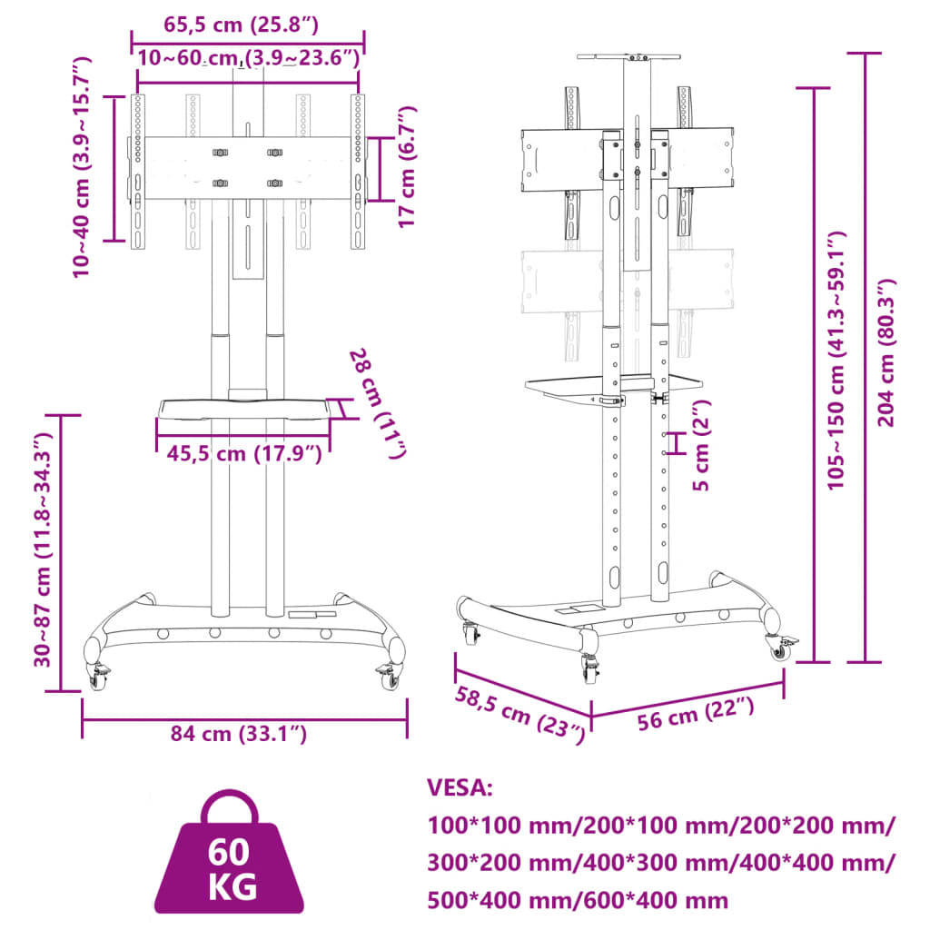 Meuble TV sur roulettes 32-70 pouces Max VESA 600x400 60kg