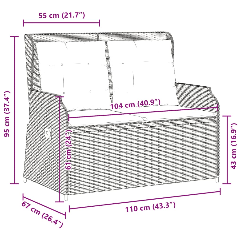 Gartenbank mit Liegefunktion und Kissen Grau Poly Rattan