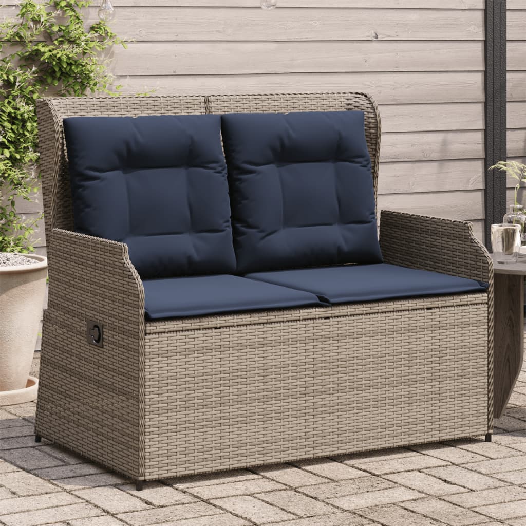 Gartenbank mit Liegefunktion und Kissen Grau Poly Rattan