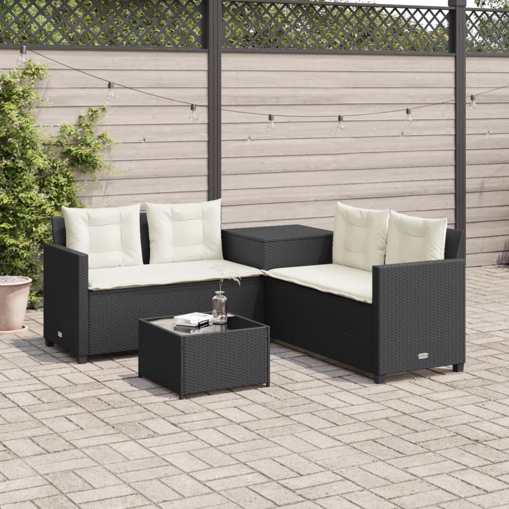 Canapé de jardin en L avec table et coussins Poly Rotin Noir