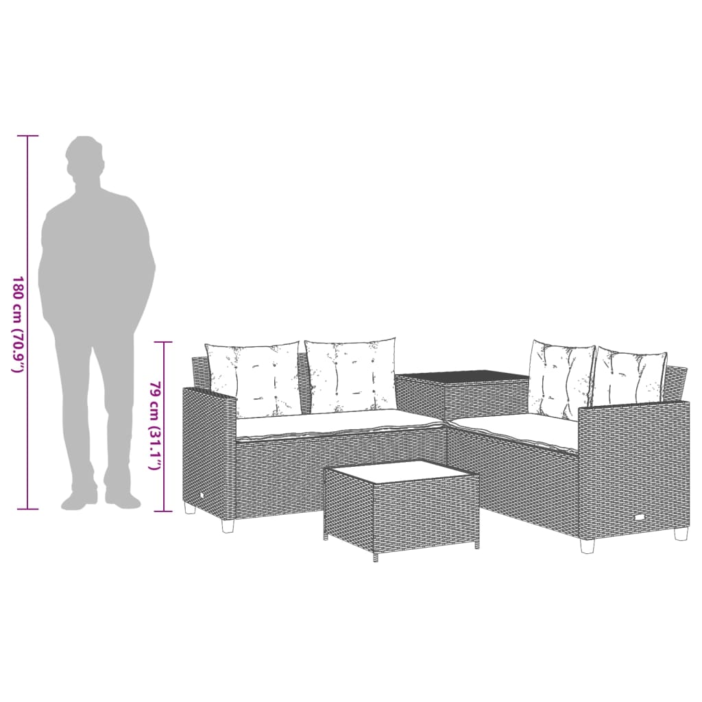 Gartensofa in L-Form mit Tisch und Kissen Grau Poly Rattan