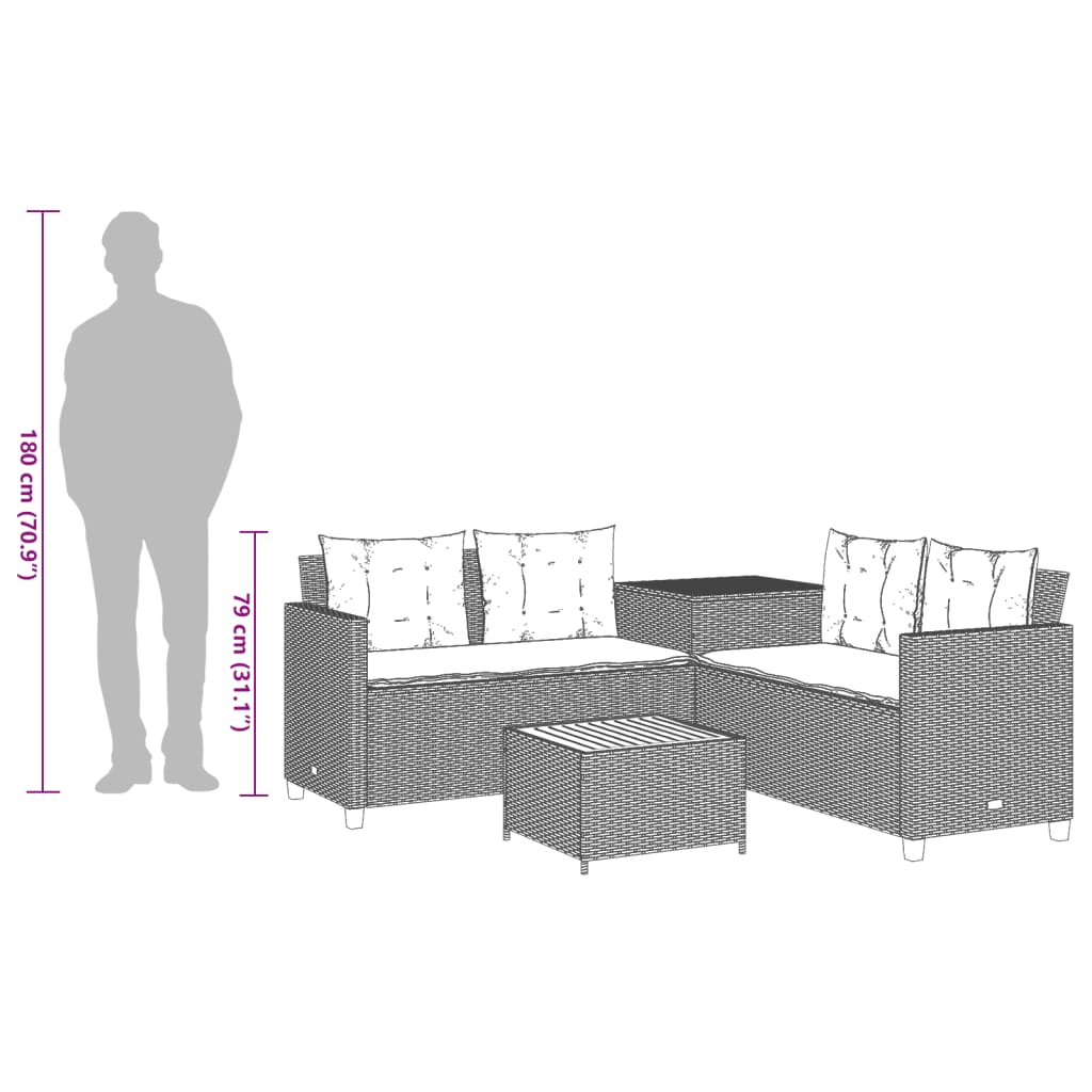 Gartensofa in L-Form mit Tisch und Kissen Schwarz Poly Rattan