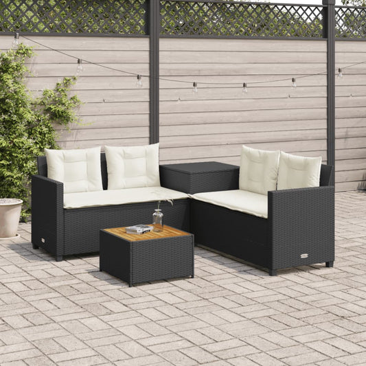 Canapé de jardin en L avec table et coussins Poly Rotin Noir