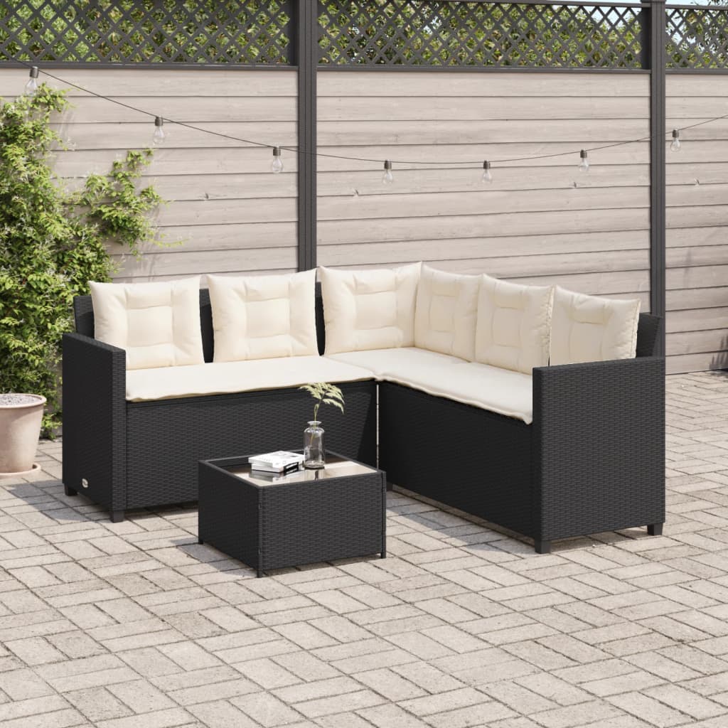 Canapé de jardin en L avec table et coussins Poly Rotin Noir