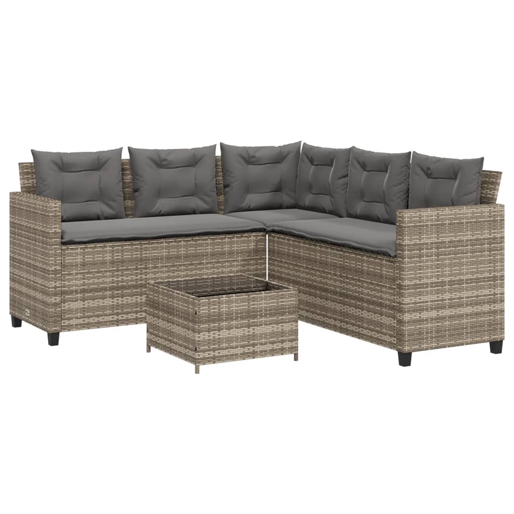 L-shaped garden sofa with table and cushions grey poly rattan