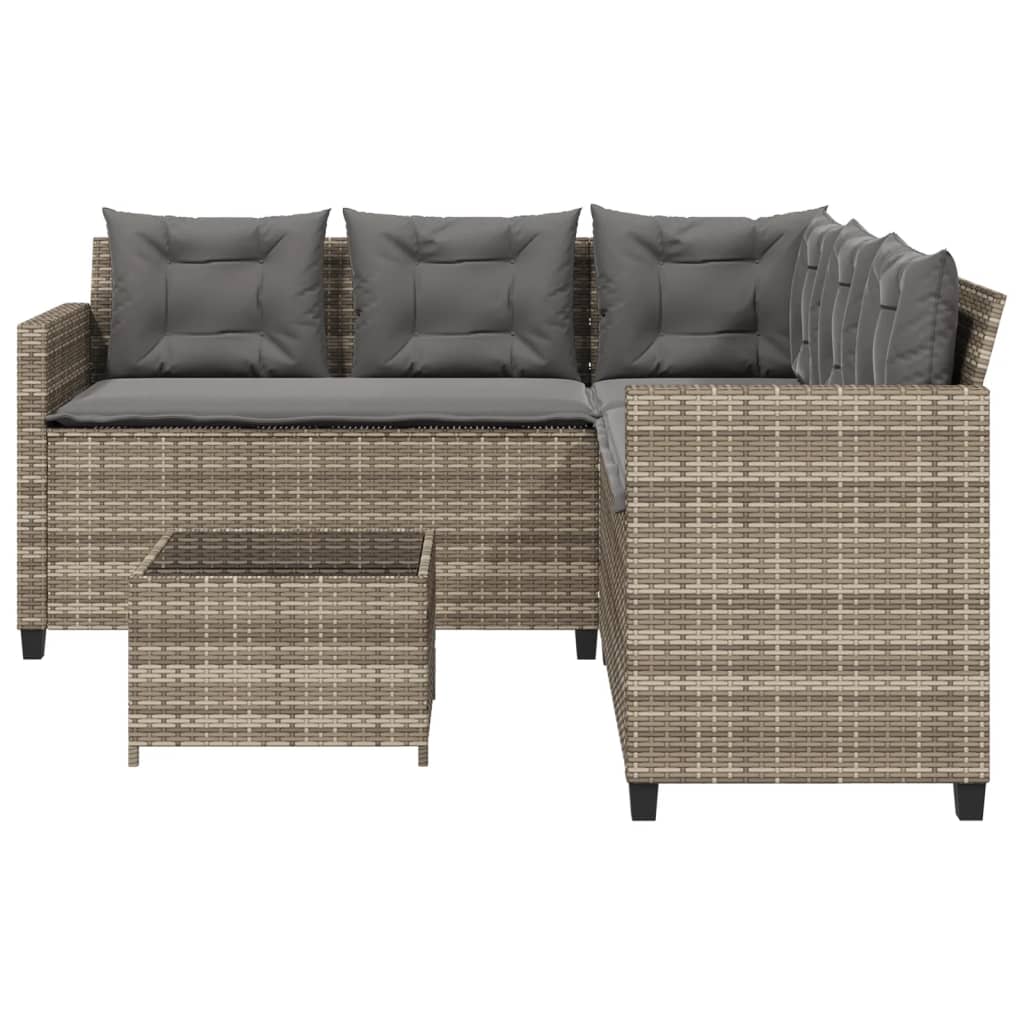 L-shaped garden sofa with table and cushions grey poly rattan
