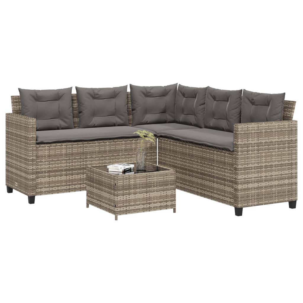 L-shaped garden sofa with table and cushions grey poly rattan