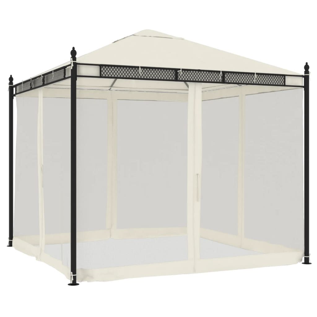 Pavillon avec murs en filet crème 2,93x2,93 m en acier