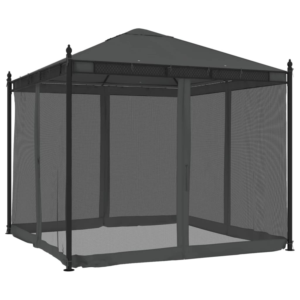 Pavillon avec murs en filet anthracite 2,93x2,93 m acier