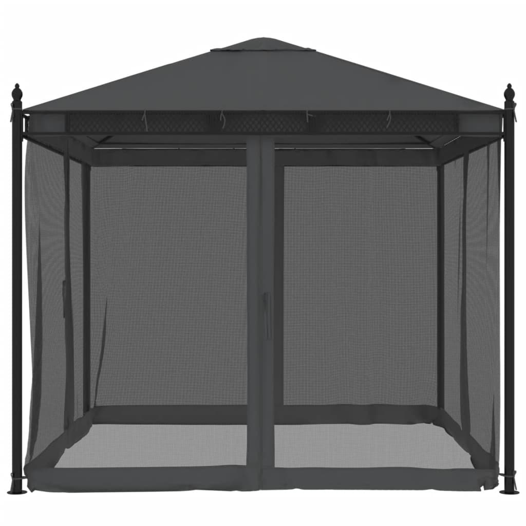 Pavillon avec murs en filet anthracite 2,93x2,93 m acier