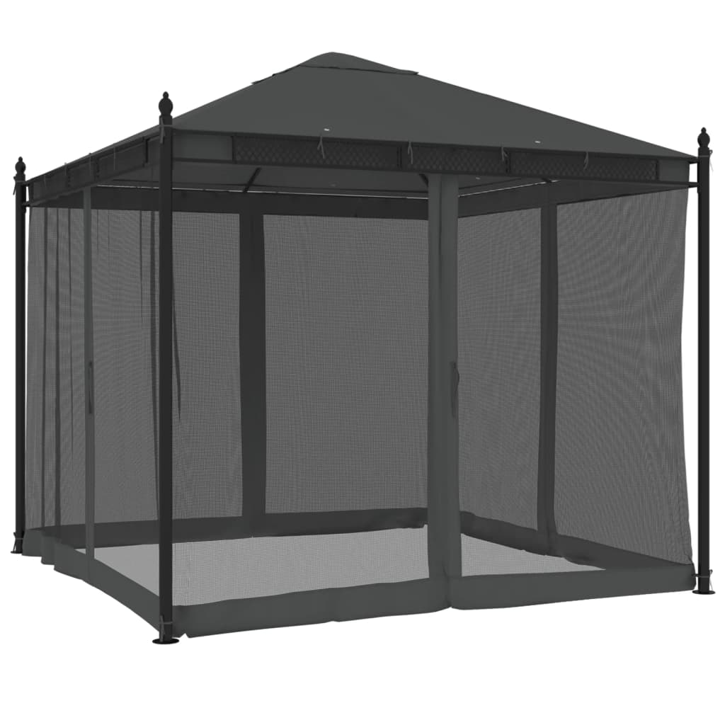 Pavillon avec murs en filet anthracite 2,93x2,93 m acier