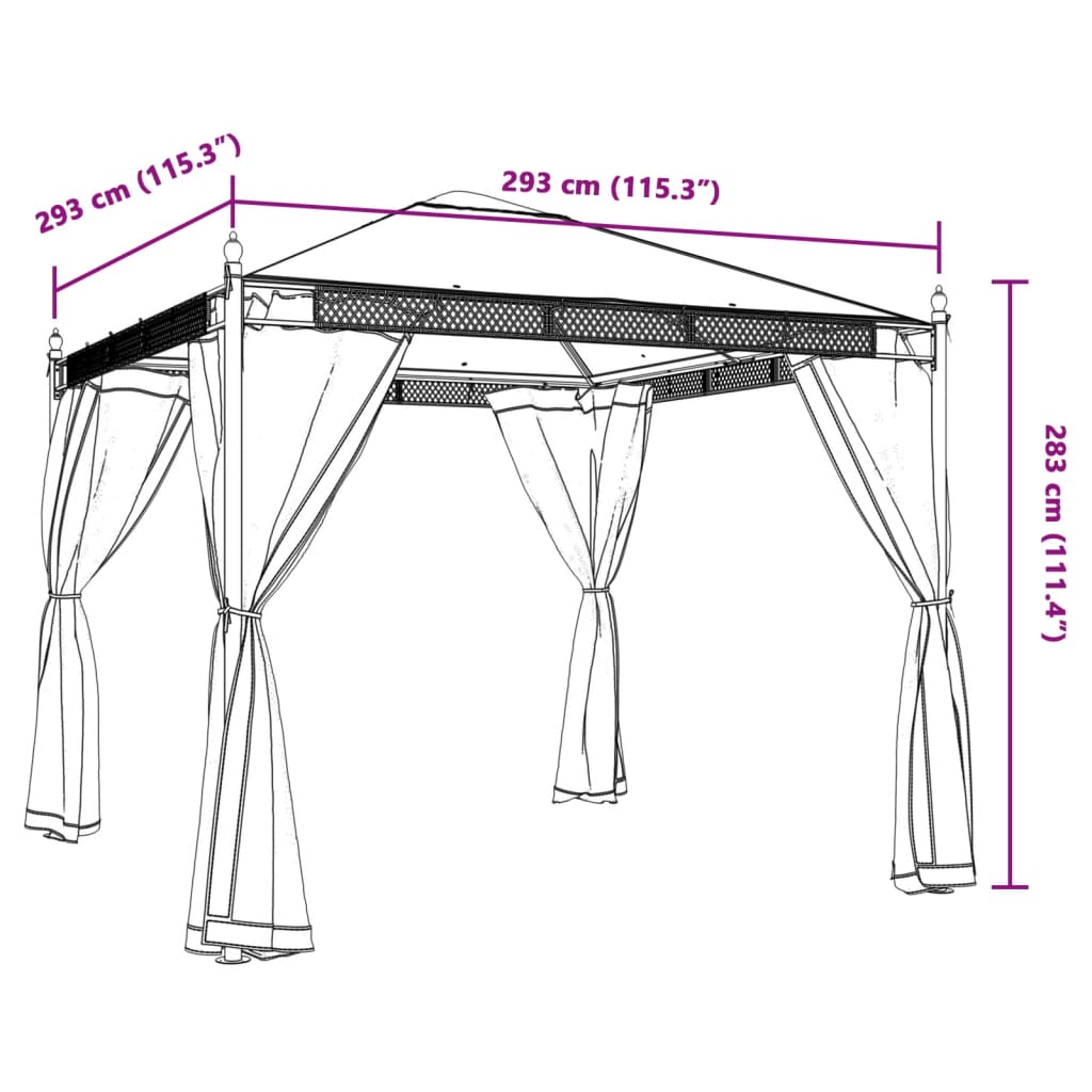 Pavillon avec murs en filet anthracite 2,93x2,93 m acier