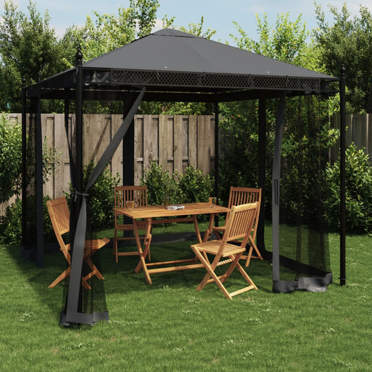 Pavillon avec murs en filet anthracite 2,93x2,93 m acier