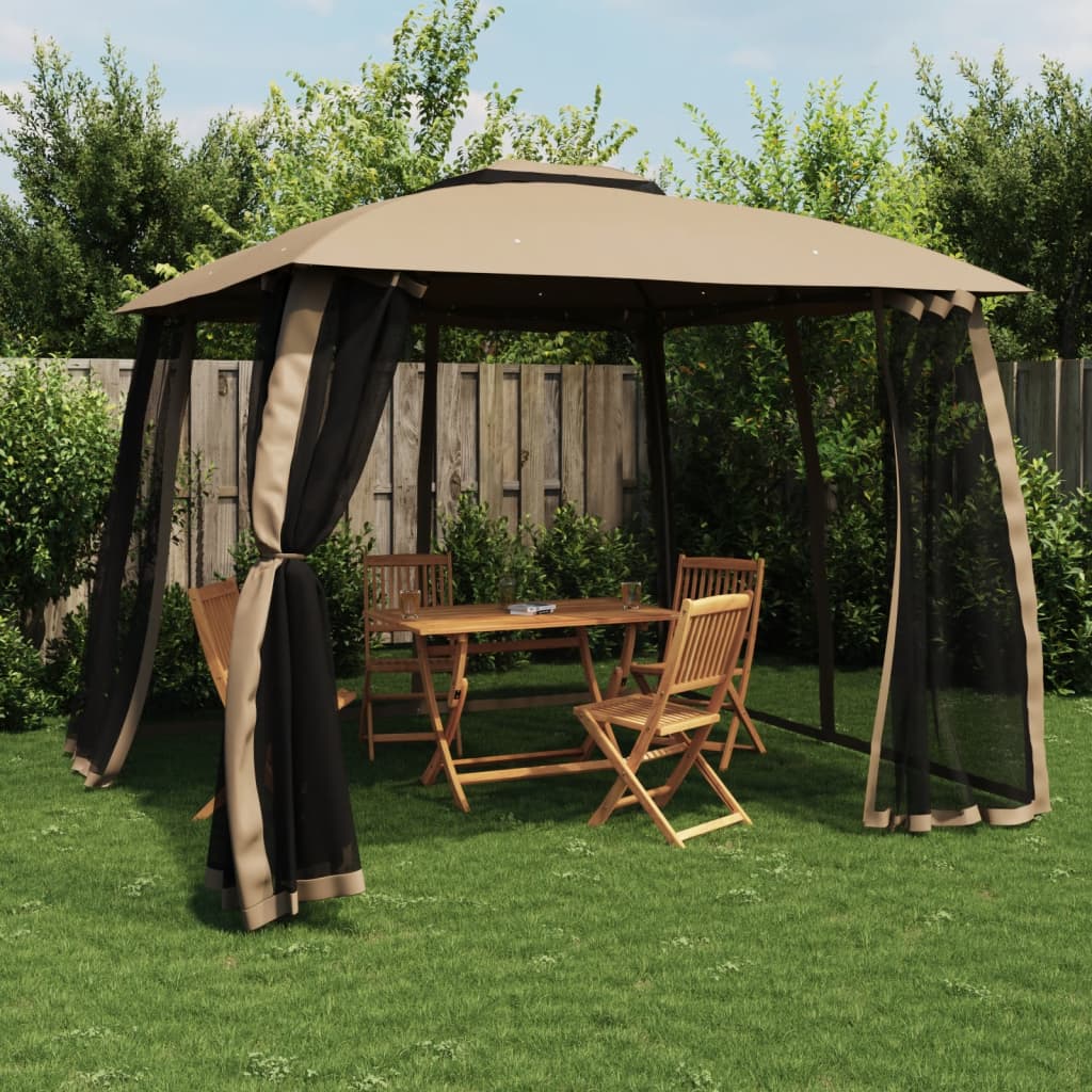 Pavillon à double toit &amp; murs grillagés taupe 2,93x2,93 m acier