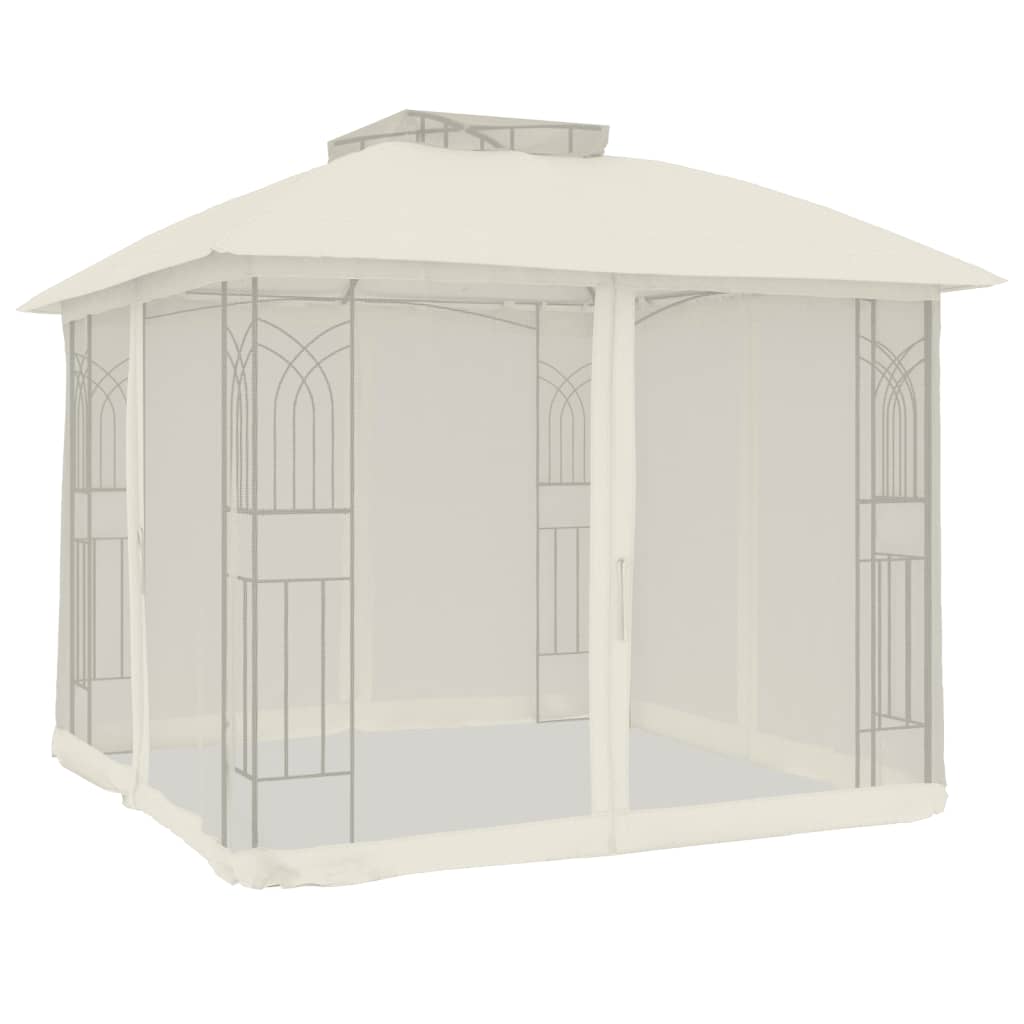 Pavillon avec double toit et murs grillagés crème 2,94x2,94 m en acier