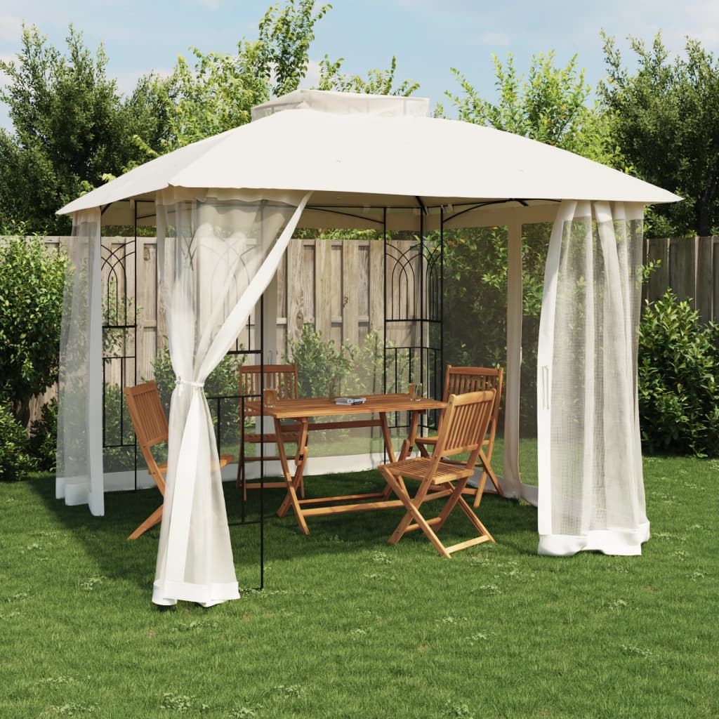 Pavillon avec double toit et murs grillagés crème 2,94x2,94 m en acier