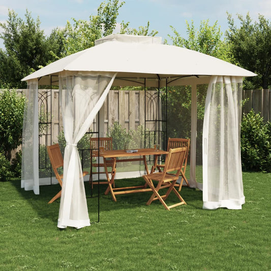 Pavillon avec double toit et murs grillagés crème 2,94x2,94 m en acier