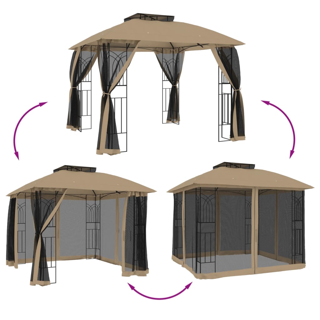 Pavillon à double toit &amp; murs grillagés taupe 2,94x2,94 m acier