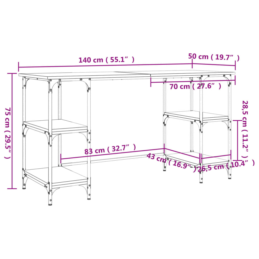 Bureau Sonoma gris 140x50x75 cm métal matière bois