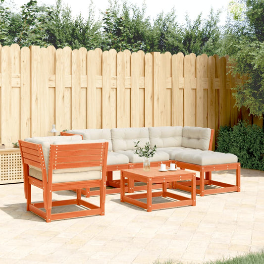 Salon de jardin 5 pièces avec coussins, couleur marron ciré, bois de pin massif