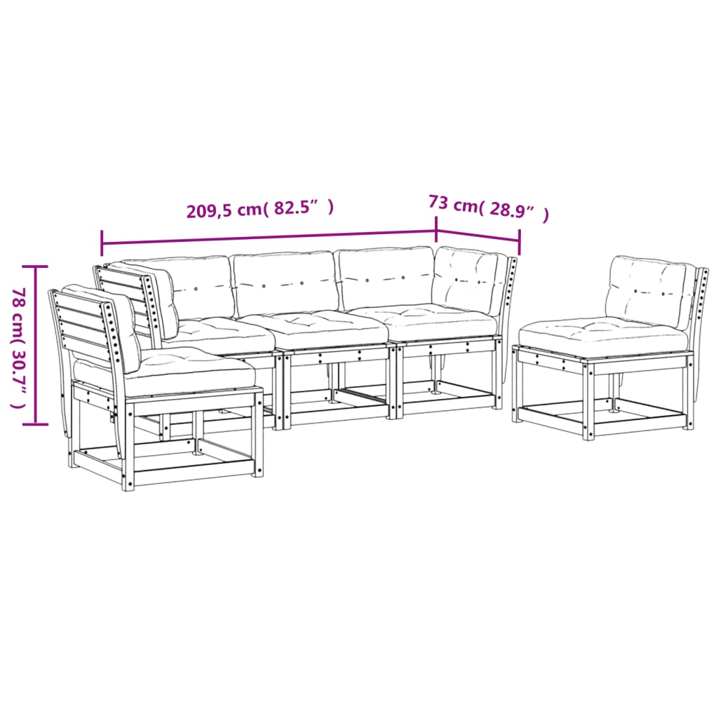 5-piece garden sofa set with cushions, wax brown pinewood