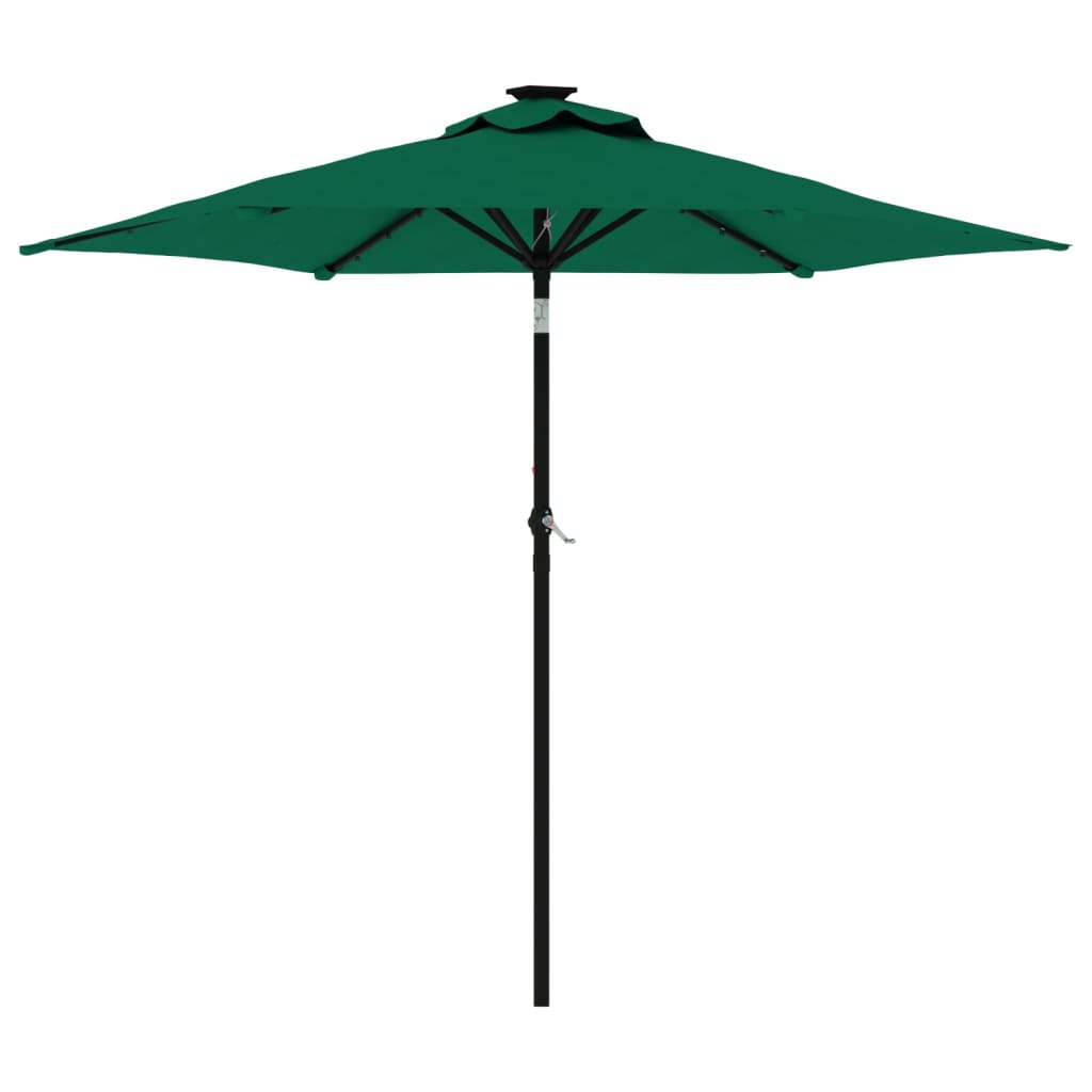 Parasol avec LED et mât en acier vert 225x225x212 cm