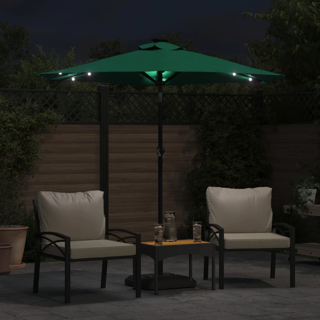 Parasol avec LED et mât en acier vert 225x225x212 cm