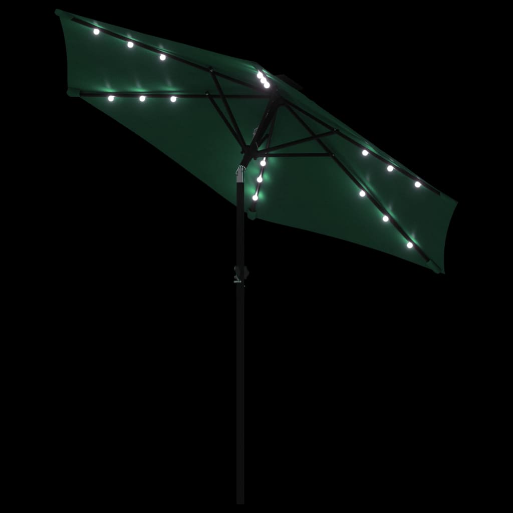 Parasol avec LED et mât en acier vert 225x225x212 cm