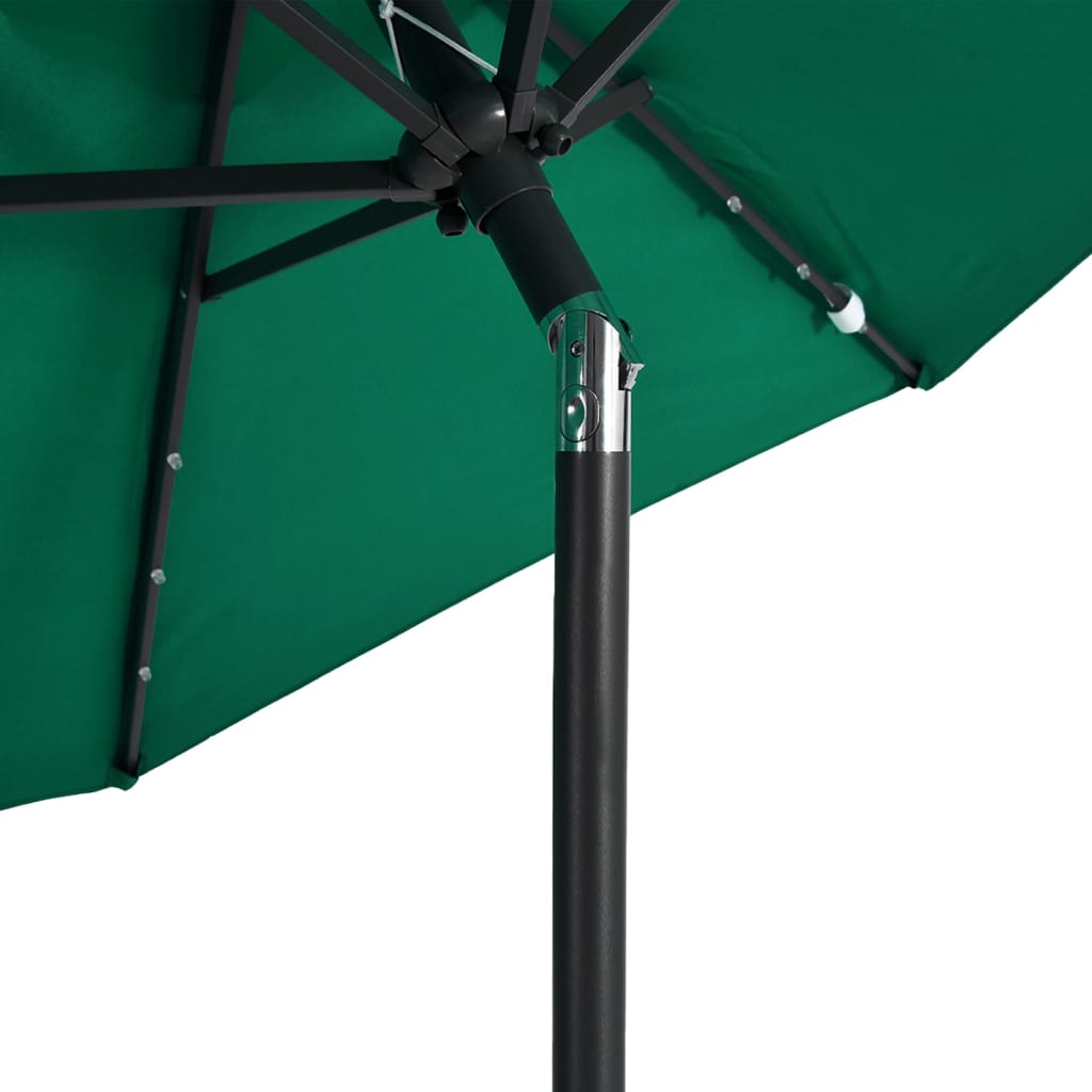 Parasol avec LED et mât en acier vert 225x225x212 cm