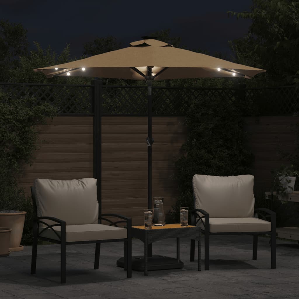 Parasol avec LED et mât en acier taupe 225x225x212 cm