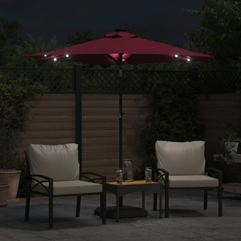 Parasol avec LED et mât en acier rouge vin 225x225x212 cm