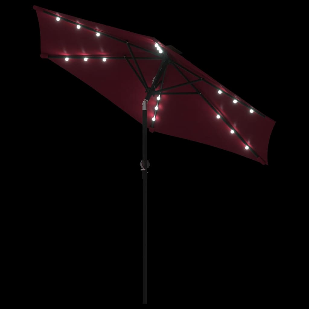 Parasol avec LED et mât en acier rouge vin 225x225x212 cm